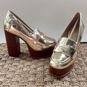 Michael Kors Metallic Gold Leather Platform Loafer Y2K Size 5.5 NEW W/O BOX